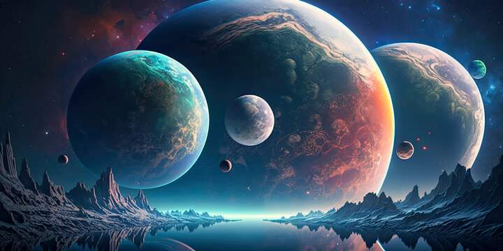 Earth-like planets floating in space - Generative AI