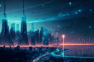 Fototapeta na wymiar Smart city and communication network concept. IoT, generative ai