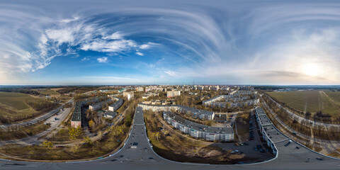 aerial full seamless spherical 360 hdri panorama view above great height over residential area and ...