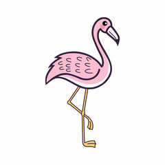 Pink flamingo on white background. Beautiful bird. Vector doodle illustration. Sticker.