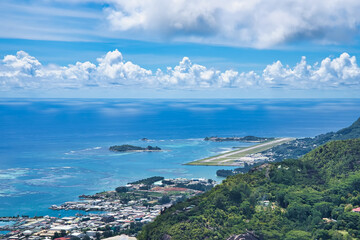 Fototapeta na wymiar Copolia trail view of the international airport and providence Mahe Seychelles