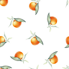 Seamless watercolour citrus fruits and leaves pattern. Green leaves and orange fruits on white background. Seamless mandarin and oranges watercolour illustration