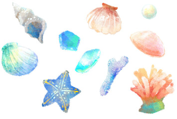 海のイラスト 貝殻 シーグラス ヒトデ - obrazy, fototapety, plakaty