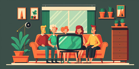Happy family watching TV sitting on the sofa - Generative AI
