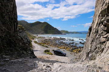 Rugged and wild coastal ocean landscape at Red Rocks on the South Coast of Wellington, New Zealand...