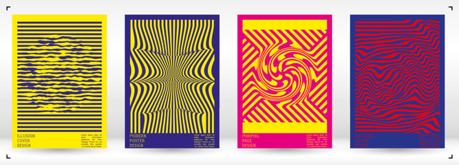 Geometrical Poster Design with Optical Illusion Effect.  Modern Psychedelic Cover Page Collection. Colourful Wave Lines Background. Fluid Stripes Art. Swiss Design. Vector Illustration for Brochure.