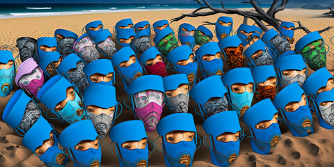 Abandoned health face masks on the beach - Generative AI