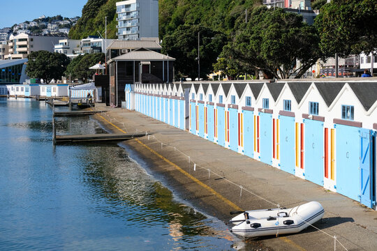 Row of iconic colourful boat sheds on Oriental Parade in capital city Wellington, New Zealand Aotearoa