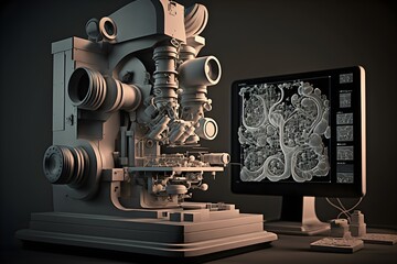 Electron microscope with display device commonly used by scientists and microbiologists. Created with generative AI technology