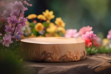 Wooden round pidum, empty eco pedestal for product advertising against backdrop of blooming outdoor garden. Close-up, soft focus. Generative AI