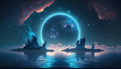 Futuristic fantasy night with abstract islands and night sky with space galaxies