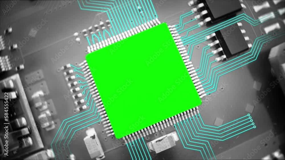 Poster motherboard circuit with a green screen cpu chip animated electric lines - vfx render