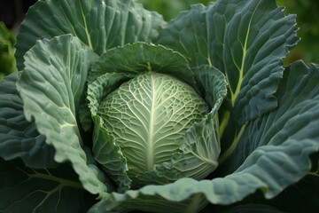 Fototapeta premium Close Up of Fresh Green Cabbage. Macro Shot of Ripe Cabbage Leaves Generative AI