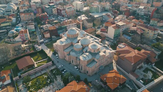 Aerial view of Zeyrek Mosque or Monastery of the Pantocrator drone footage