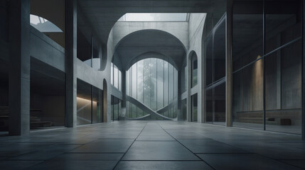 futuristic architecture with modern abstract structure design with concrete floor, Generative AI.