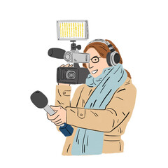 Woman Journalist News Reporter Interview with camera Hand drawn color Illustration