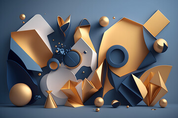 3d rendered illustration with flying blue and gold geometric shapes. Trendy background for product, text presentation or social media banners and promotion. Metallic elements in chaotic composition