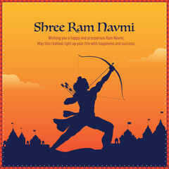 Illustration of Lord Ram bow arrow and temple background for Indian festival Ram Navmi. 