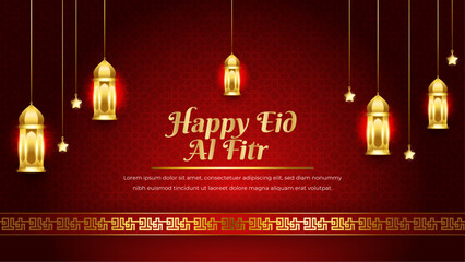 gold and red luxury happy eid al fitr islamic background with decorative ornament pattern and lantern Premium Vector