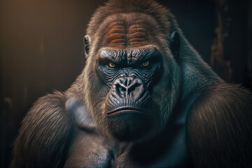 Angry Gorilla Close Up View In Front Of Dark Background - Generative AI