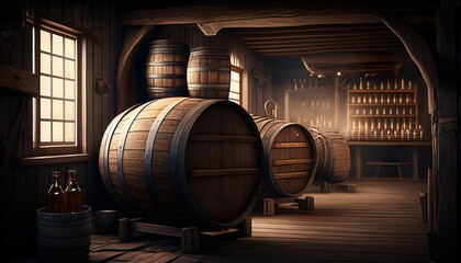 Room Furnishings Made Of Wooden Barrels For Alcohol Distillation Industry - Generative AI