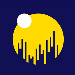 Urban real estate logo. House, building, construction icon isolated on dark blue background. Geometric style property illustration. Skyline architecture design. Sun circle emblem.