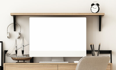 Workplace. Desktop isolated blank screen with plant and office equipment with keyboard, mouse and laptop. 3d rendering