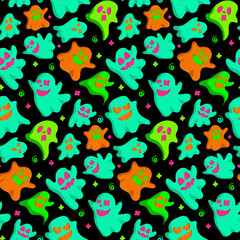 Happy halloween party seamless pattern background with cute ghost. Holidays cartoon character. Vector. Holiday backdrop for wrapping paper, fabric, textile, scrapbook.