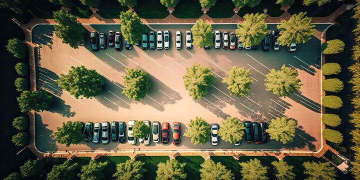 Aerial shot of large car parking with drone - Generative AI