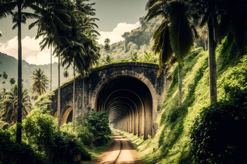 A road with a tunnel with palm trees