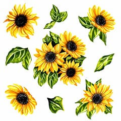 Set of sunflower flowers with leaves. JPEG illustration for stickers, creating patterns, wallpaper, wrapping paper,  
postcards, design template, fabric, clothing, cross-stitch, embroidery.