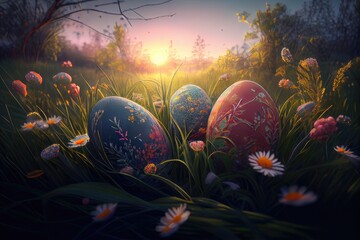 Obraz na płótnie Canvas Easter Egg Hunt Hiding Field Forest Sunrise Background Image
