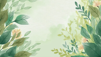 Spring floral border background in green with leaf watercolor illustration,  cop