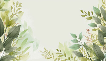 Fototapeta na wymiar Spring floral border background in green with leaf watercolor illustration, cop