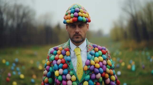 Junger Mann mit witzigem Ostereier Design zu Ostern dekoriert. ai generativ