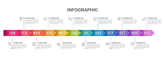 Fototapeta na wymiar Infographic arrows template for business. 12 Months timeline to success. Presentation, Roadmap, Milestone. Vector illustration.