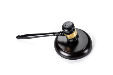 Top view of Judges dark brown wooden gavel isolated with clipping path on white background.