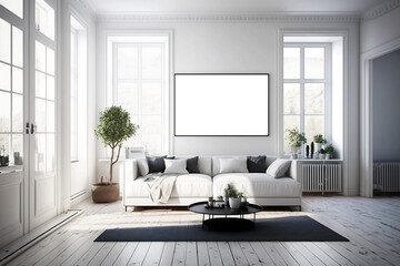 Stylish living room interior white walls, a wooden floor, white sofa, two coffee tables, and a mock up horizontal poster., Generative Ai