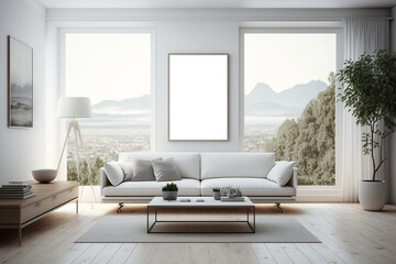 Fototapeta premium Stylish living room interior white walls, a wooden floor, white sofa, two coffee tables, and a mock up horizontal poster., Generative Ai