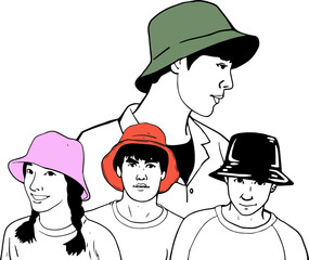  Cartoons include young men and women who like to wear bucket hats