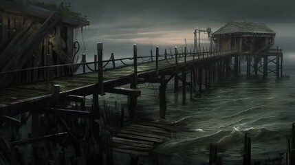 Obraz premium Creepy and Spooky Abandoned Pier, Waterfront Background, Concept Art, Digital Illustration, Generative AI