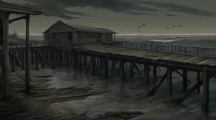 Creepy and Spooky Abandoned Pier, Waterfront Background, Concept Art, Digital Illustration, Generative AI