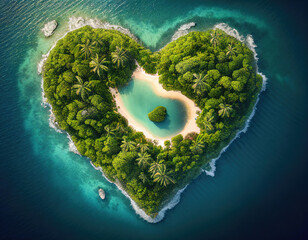 Tropical Island in the Shape of a Love Heart. Aerial Perspective, Vacation Concept. Generative AI.