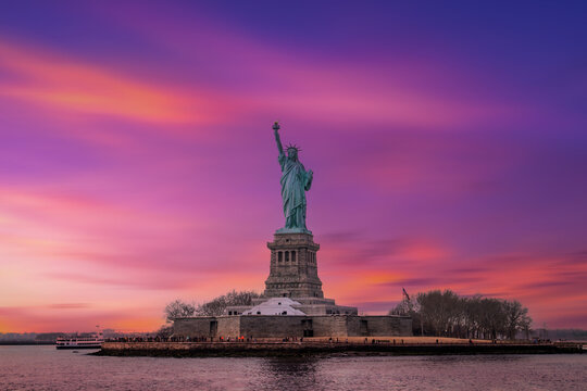 famous statue of liberty twilight sky at sunset  light,