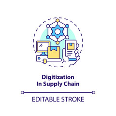 Digitization in supply chain concept icon. Key strategy of goods distribution abstract idea thin line illustration. Isolated outline drawing. Editable stroke. Arial, Myriad Pro-Bold fonts used