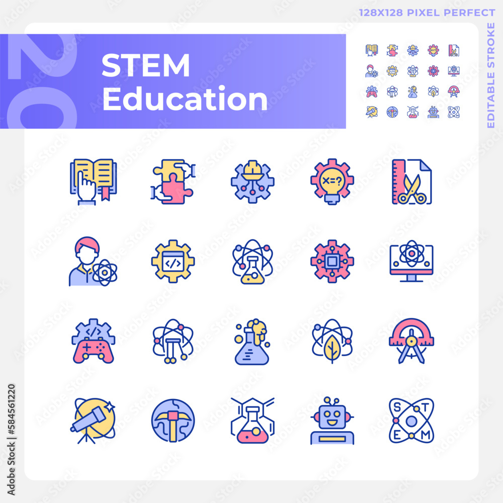 Poster stem education pixel perfect rgb color icons set. integrate computing technology. students developme