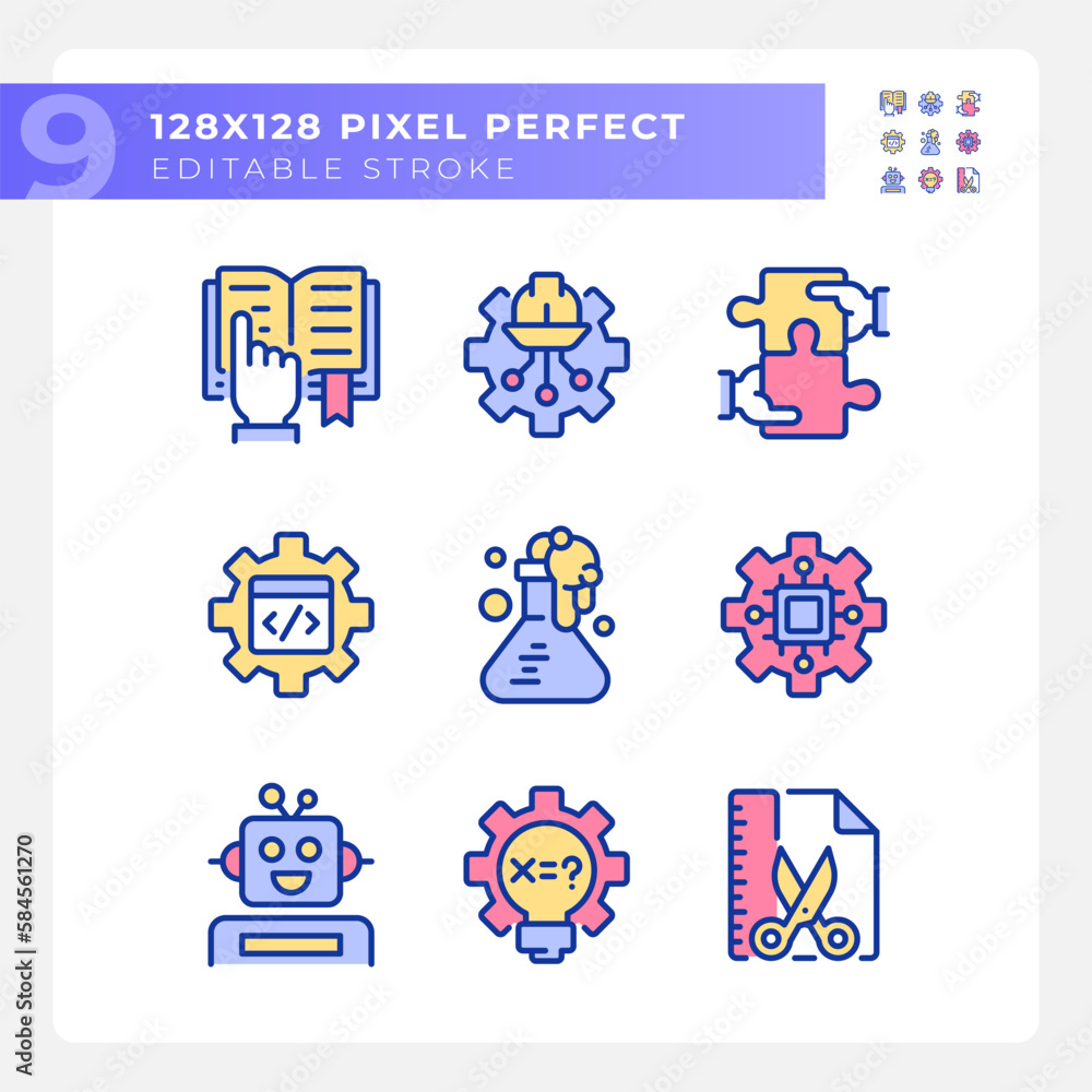 Poster integration of stem programs pixel perfect rgb color icons set. innovative courses for college. isol