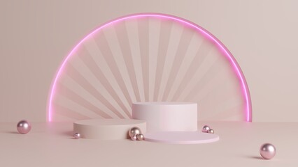 Podium for your product with neon light and sphere, Geometric platform pink pastel color abstract background, 3D rendering