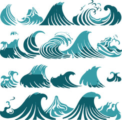 Waves icons bundle, blue waves, multicolor, vector icons, wave border, illustration of waves