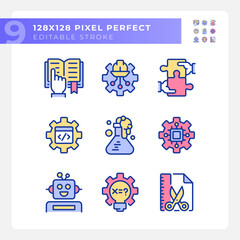 Integration of STEM programs pixel perfect RGB color icons set. Innovative courses for college. Isolated vector illustrations. Simple filled line drawings collection. Editable stroke
